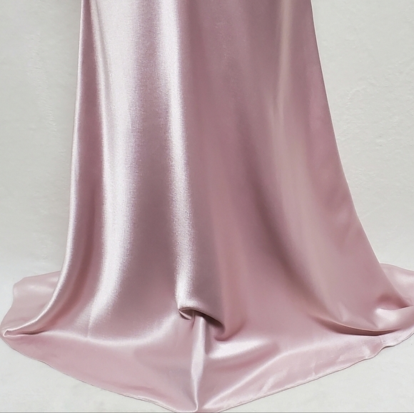 VINTAGE 90s 1001 Nights Blush Pink Satin Crochet Panel Lace-up Back Maxi Dress 6 - Picture 7 of 16